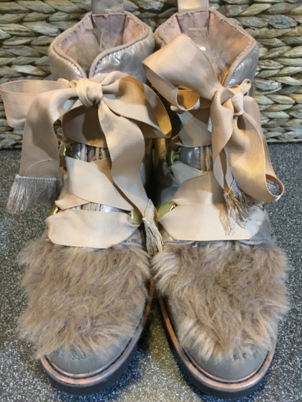 Kelsi Dagger Taupe Faux Fur Ribbon Ankle Booties - Picture 2 of 14